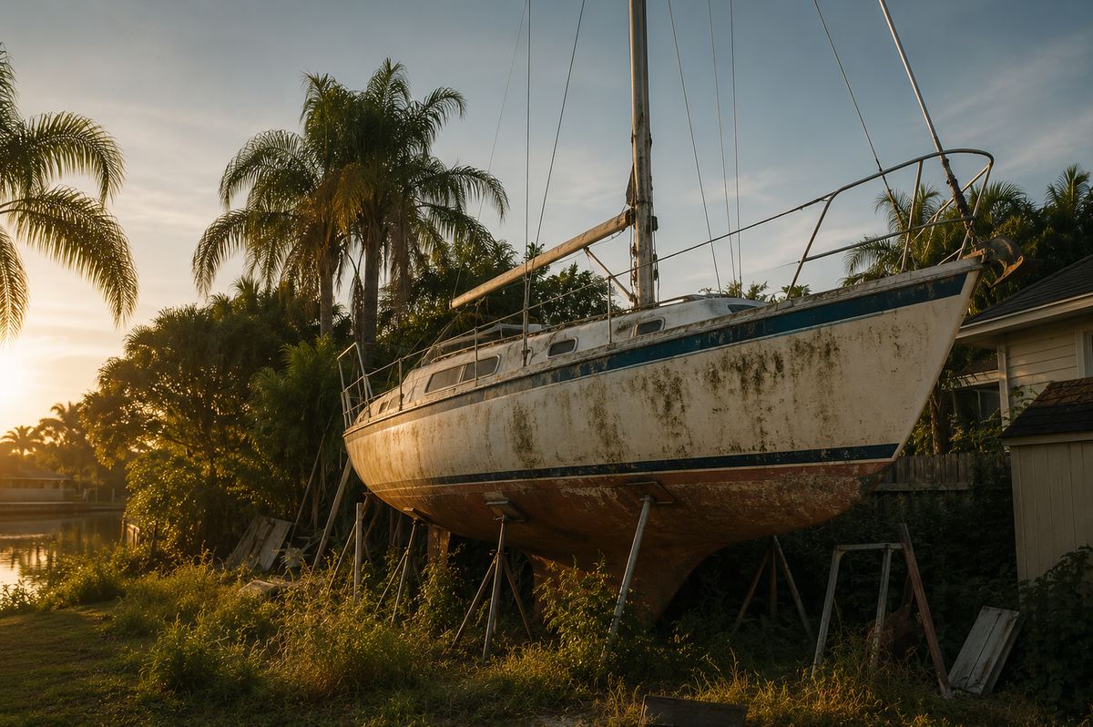 Aging sailboat on stands beside a Stuart-area home