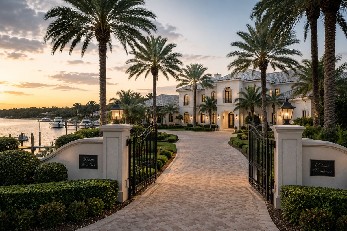 Gated waterfront estate with palm-lined drive in Jupiter