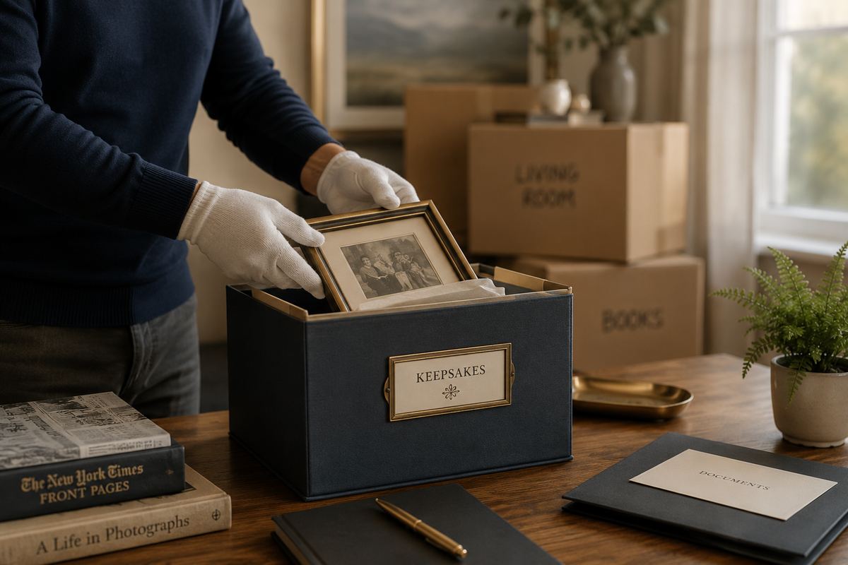 White-gloved hands placing a framed family photograph into a navy keepsake box