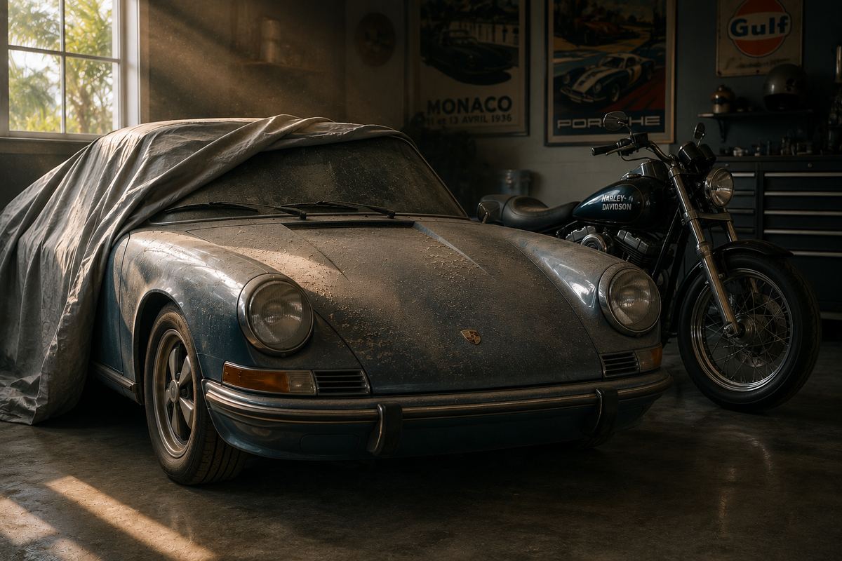 Dust-covered classic sports car and motorcycle discovered in an estate garage