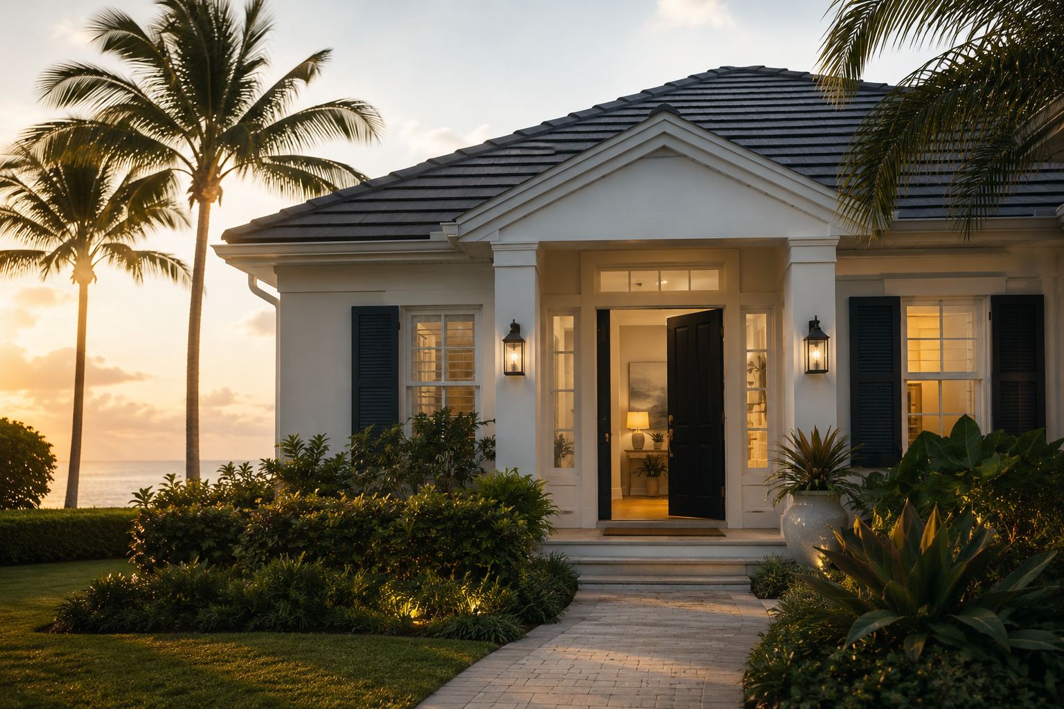 Coastal Florida home at golden hour with front door open, Coastal Estate Cleanouts