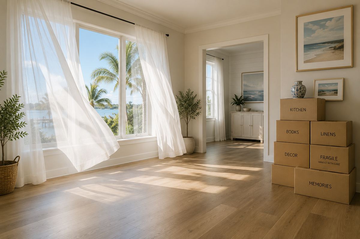Bright, freshly cleared coastal living room with labeled boxes and open windows