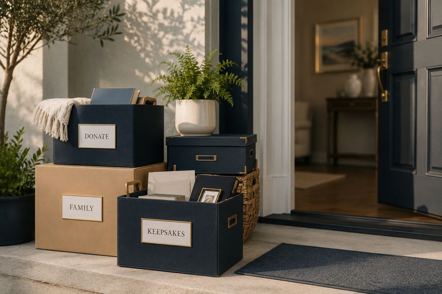 Labeled keepsake, family and donate boxes sorted by the front door